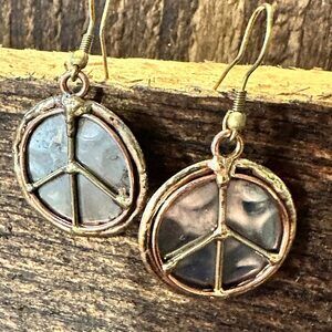 Handmade Artesian Hippie Silver & Copper Peace Sign Drop Wire Earrings, Gift Box